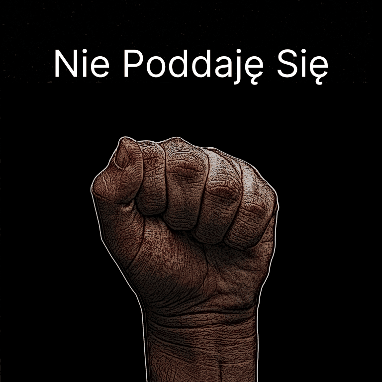 Okładka podcastu "Nie Poddaję Się". Zaciśnięta pięść na czarnym tle.